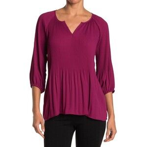 PLEIONE women's Split Neck 3/4 Sleeve Blouse In Magenta Size M